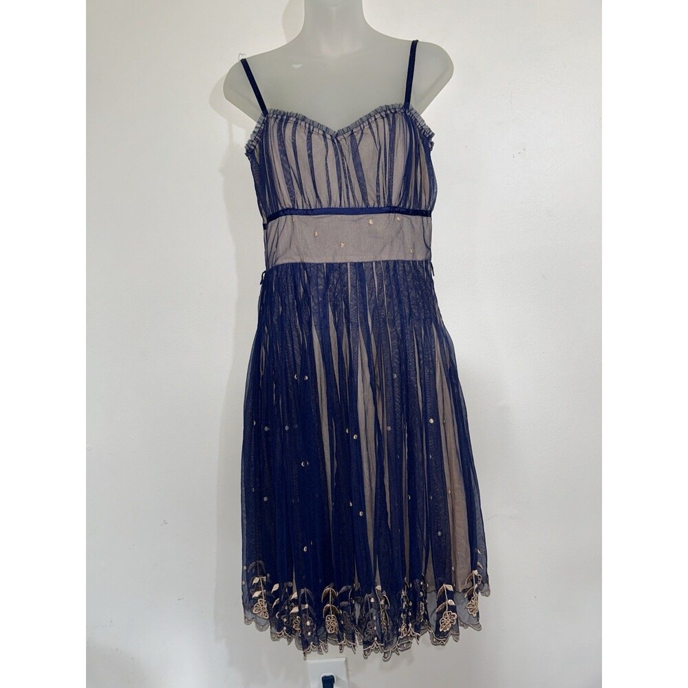 Anthropologie Odille Women's Dress Blue Sz 8 Corset Mesh Embroidered Cocktail